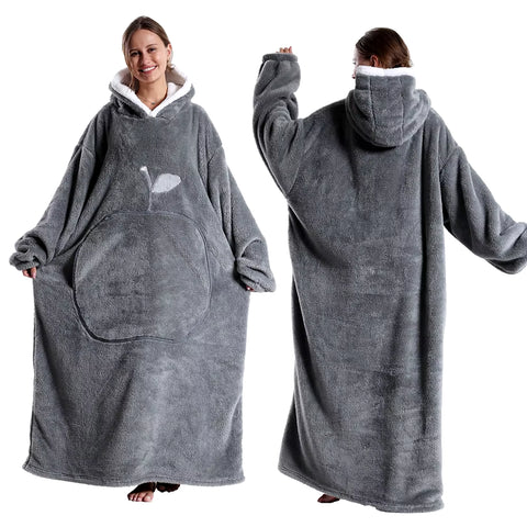 2024 New Women Hoodies Plush Flannel Warm Sweatshirts Apple Embroidery Wearable Blankets Adult Oversized Loose Solid Pullover