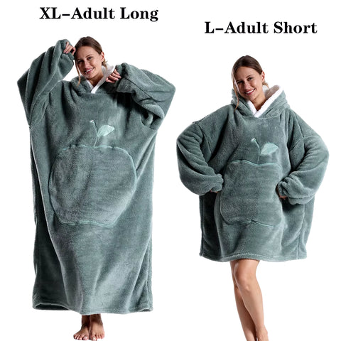 2024 New Women Hoodies Plush Flannel Warm Sweatshirts Apple Embroidery Wearable Blankets Adult Oversized Loose Solid Pullover
