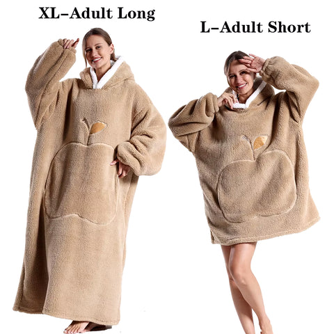 2024 New Women Hoodies Plush Flannel Warm Sweatshirts Apple Embroidery Wearable Blankets Adult Oversized Loose Solid Pullover