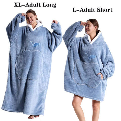 2024 New Women Hoodies Plush Flannel Warm Sweatshirts Apple Embroidery Wearable Blankets Adult Oversized Loose Solid Pullover
