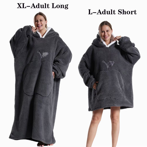 2024 New Women Hoodies Plush Flannel Warm Sweatshirts Apple Embroidery Wearable Blankets Adult Oversized Loose Solid Pullover