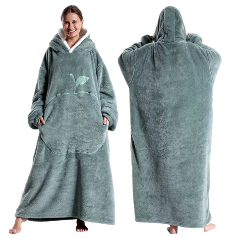 2024 New Women Hoodies Plush Flannel Warm Sweatshirts Apple Embroidery Wearable Blankets Adult Oversized Loose Solid Pullover