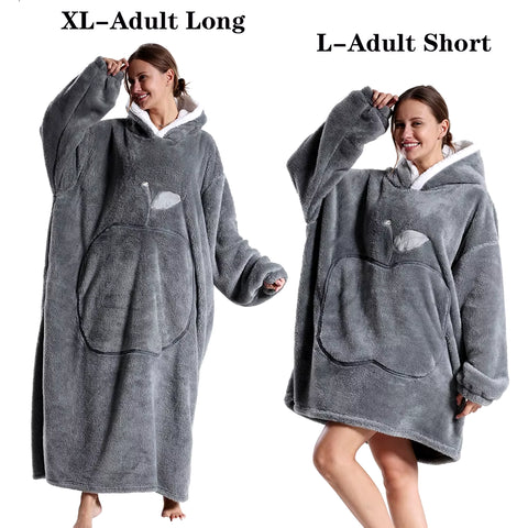 2024 New Women Hoodies Plush Flannel Warm Sweatshirts Apple Embroidery Wearable Blankets Adult Oversized Loose Solid Pullover