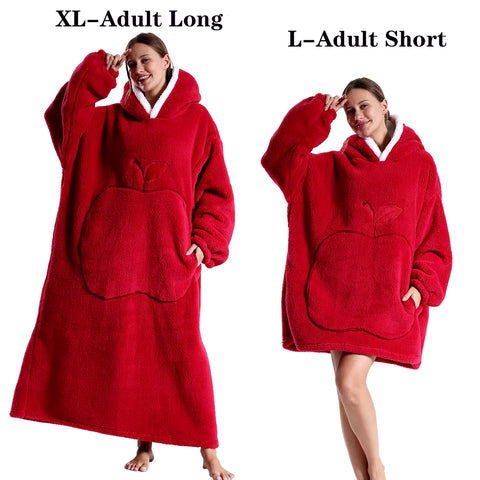 2024 New Women Hoodies Plush Flannel Warm Sweatshirts Apple Embroidery Wearable Blankets Adult Oversized Loose Solid Pullover