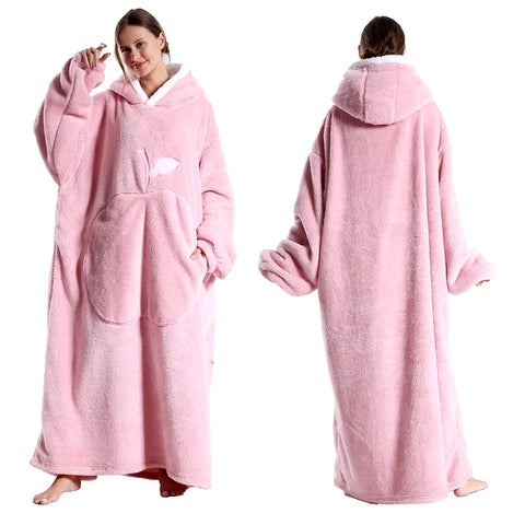 2024 New Women Hoodies Plush Flannel Warm Sweatshirts Apple Embroidery Wearable Blankets Adult Oversized Loose Solid Pullover