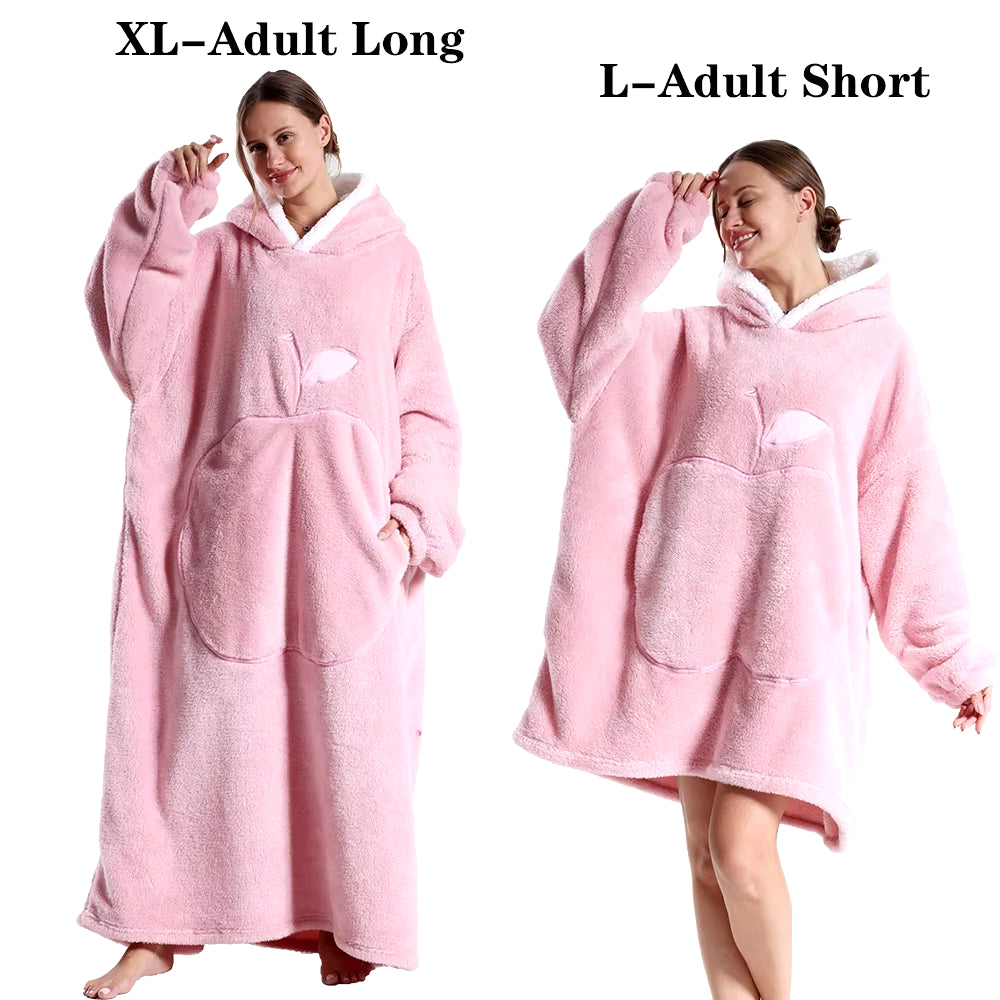 2024 New Women Hoodies Plush Flannel Warm Sweatshirts Apple Embroidery Wearable Blankets Adult Oversized Loose Solid Pullover