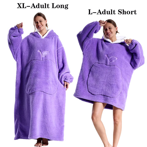 2024 New Women Hoodies Plush Flannel Warm Sweatshirts Apple Embroidery Wearable Blankets Adult Oversized Loose Solid Pullover